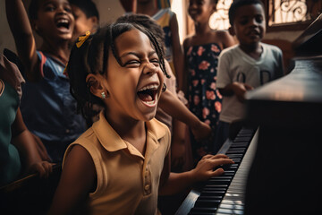 A girl playing a piano with a smile on her face, Generative AI