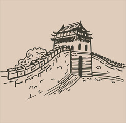 great wall of china doodle hand drawn, linear style