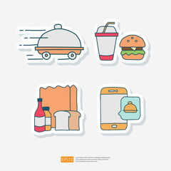 Food Bag, Phone Order, Burger Doodle. Set of Food Delivery Service Related Doodle Sticker Vector Illustration
