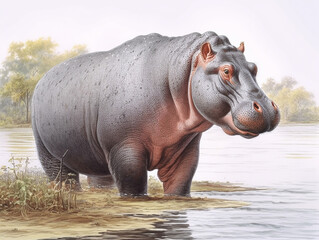 A Naturalist Illustration of a Hippo | Generative AI