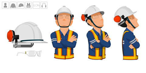 worker with helmet and earmuffs no use on white background