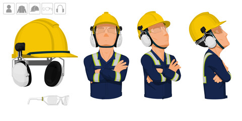 worker with helmet and earmuffs on white background - obrazy, fototapety, plakaty