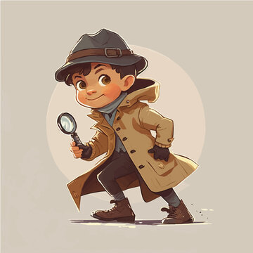 little Detective with a trench coat, magnifying glass, and a curious, inquisitive expression simple, cartoon, children book style, comic, flat character, artistic, Illustrator
