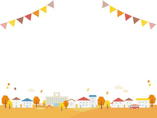 秋の街並みとガーランドのフレーム_ベクターイラスト