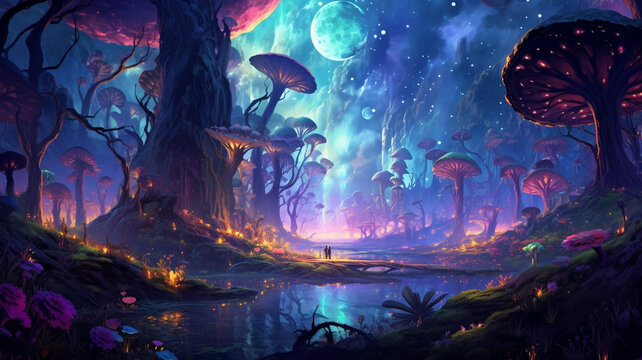 An otherworldly landscape of a forest, with bioluminescent plants, glowing mushrooms, and trees with pulsing veins, revealing a hidden fairy kingdom. generative ai.