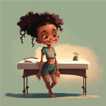 little Masseuse with a massage table, oils, and a calming, soothing presence simple, cartoon, children book style, comic, flat character, artistic, Illustrator

