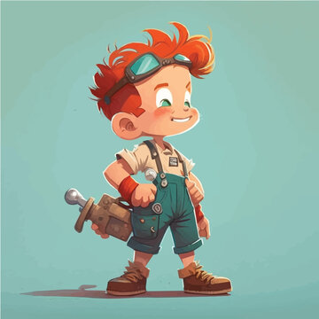 little Mechanic with a tool belt, wrench, and a focused, determined attitude simple, cartoon, children book style, comic, flat character, artistic, Illustrator
