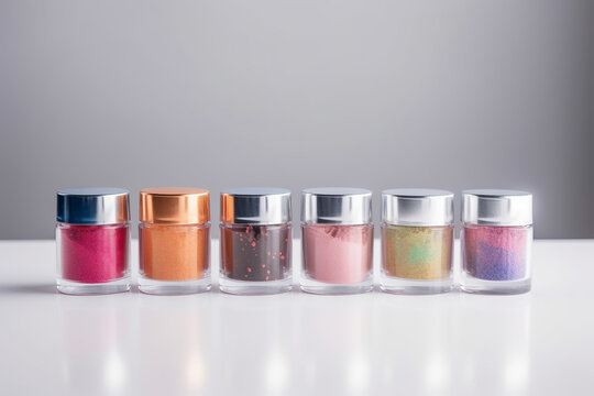 Transparent jars with colorful powder. Dipping powder for manicure. Generative ai