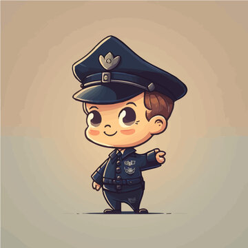 little Police Officer with a uniform, badge, and a brave, courageous look simple, cartoon, children book style, comic, flat character, artistic, Illustrator
