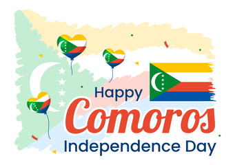 Happy Comoros Independence Day Vector Illustration with Comorian Waving Flag in National Holiday Flat Cartoon Background Hand Drawn Templates