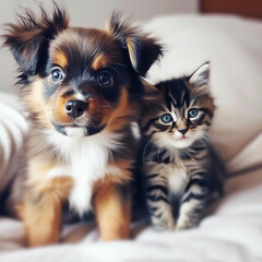 Adorable cute puppy and kitten sitting together, best friends concept, generative ai