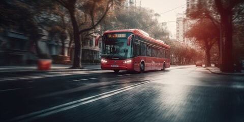 Bus driving on the road with cityscape motion blur background. Traveling and transportation. Generative Ai