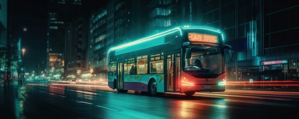 Plakat Bus driving on the road at night with glowing neon lights motion blur background. Generative Ai