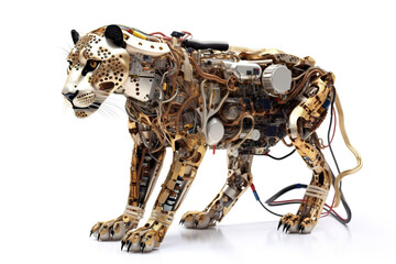 Image of a cheetah modified into a electronics robot on a white background. Wildlife Animal. illustration, generative AI.