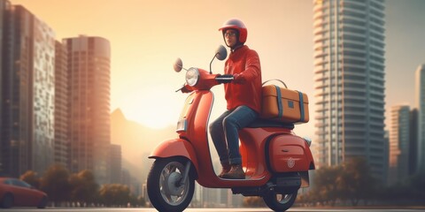 Fototapeta premium Delivery man ride scooter motorcycle with motion blur cityscape background. Generative AI