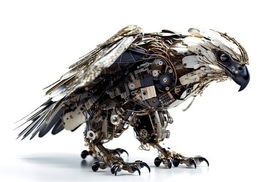 Image of an eagle modified into a electronics robot on a white background. Wildlife Animals. Birds. Illustration, Generative AI.