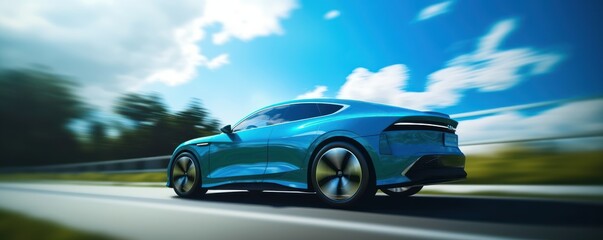 Plakat Electric Car driving on the road with green nature and blue sky motion blur background. Generative AI