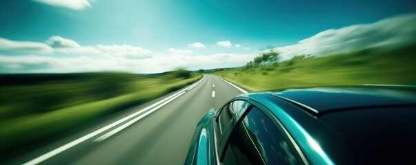 Electric Car driving on the road with green nature and blue sky motion blur background. Generative AI