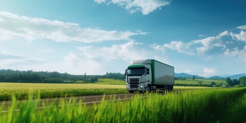 Truck with cargo driving on the road with green nature and blue sky motion blur background. Generative AI