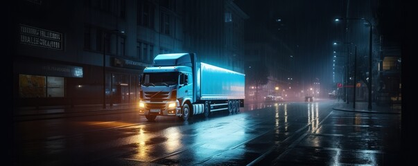 Truck with cargo driving on the road at night with neon lights and cityscape motion blur background. Generative AI