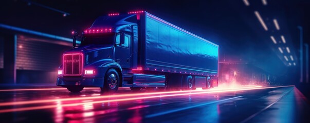 Truck with cargo driving on the road at night with neon lights and cityscape motion blur background. Generative AI