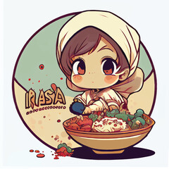 cute Kabsa food character, cartoon, children book style, artistic, theme print design, for t-shirt print and case, Illustrator
