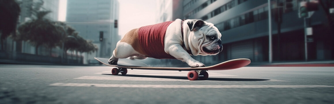 Generative AI image of a bulldog riding a skateboard