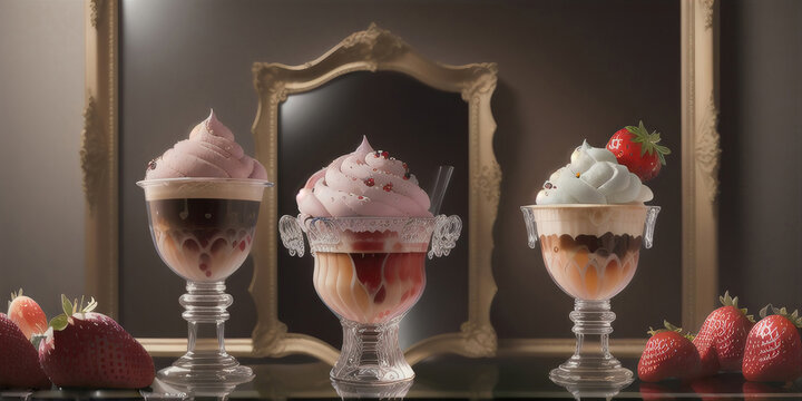 Strawberry Ice Cream Dessert in Glass Chalise, with Strawberries Generative AI Illustration