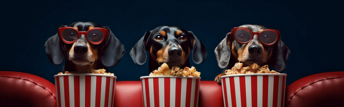 Generative Ai image of cute dachshunds watching a movie