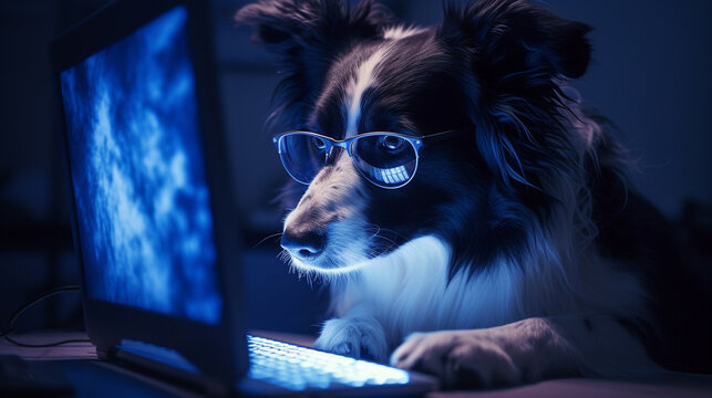 Generative Ai image of a border collie looking at a laptop