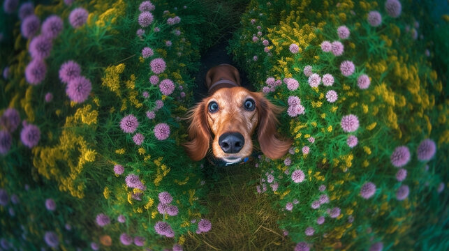 Generative Ai image of a cute dachshund surrounded by a field of flowers