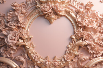 Decorative pink bloom flowers and mirror frame in Rococo style. Copy space and luxurious style. Generative AI