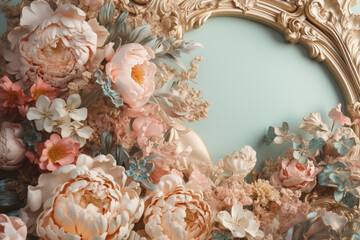 Decorative pink bloom flowers and mirror frame in Rococo style. Copy space and luxurious style. Generative AI