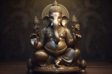 Religion and culture concept. Beautiful Hindu god Ganesha with elephant head sculpture. Generative AI - obrazy, fototapety, plakaty