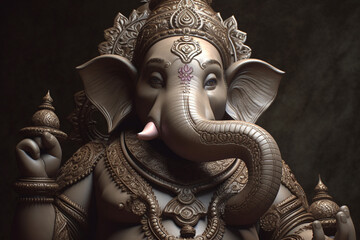 Religion and culture concept. Beautiful Hindu god Ganesha with elephant head sculpture. Generative AI