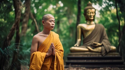 Naklejka premium A monk standing praying in front of a golden Buddha, Generative AI