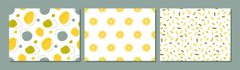 Lemon abstract background set. Three pattern collection. Seamless pattern with yellow, gray lemon and abstract spots hand drawn sketch. Print for textile, wrapping, wallpaper, cover. Modern design.