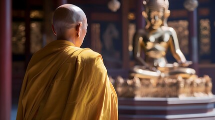A monk standing praying in front of a golden Buddha, Generative AI