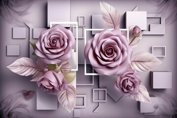 3d Mural modern wallpaper. purple rose flowers with Squares and decorative background . modern art for wall home decor, generate ai - obrazy, fototapety, plakaty