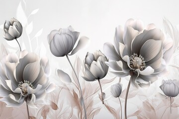 3d mural wallpaper with simple floral painting light gray background. generate ai