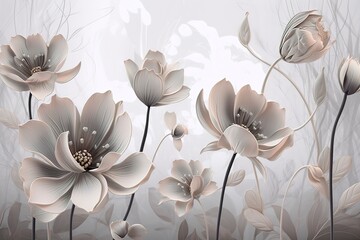 3d mural wallpaper with simple floral painting light gray background. generate ai - obrazy, fototapety, plakaty