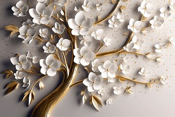 3d wallpaper floral tree with white flower leaves and golden stem.  generate ai