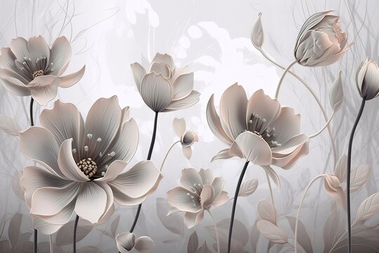 Fototapeta 3d mural wallpaper with simple floral painting light gray background. generate ai