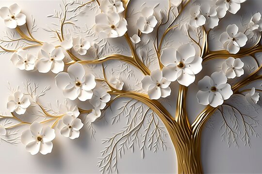 3d wallpaper floral tree with white flower leaves and golden stem.  generate ai