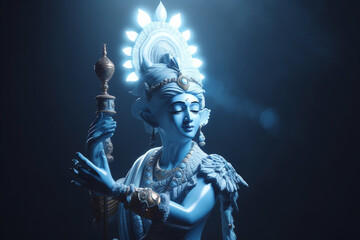 Fototapeta na wymiar Culture and religious concept. God Krishna sculpture. Blue colored. Copy space. Generative AI