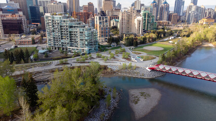 Aerial view of Calgary's skyline along the Bow River.