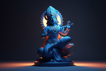 Culture and religious concept. God Krishna sculpture. Blue colored. Copy space. Generative AI