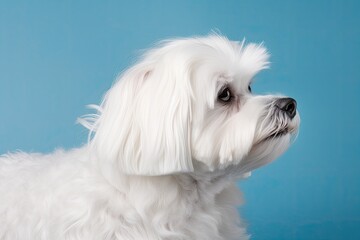 cute small white dog with long hair on a blue background. Generative AI