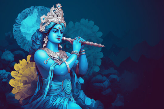 Culture and religious concept. God Krishna sculpture. Blue colored. Copy space. Generative AI