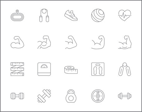 Simple Set of muscle Related Vector Line Icons. Vector collection of fitness, flexing, working out, gym, dumbbell, weight, scale, ball, healthy, measure and design elements symbols or logo element.
